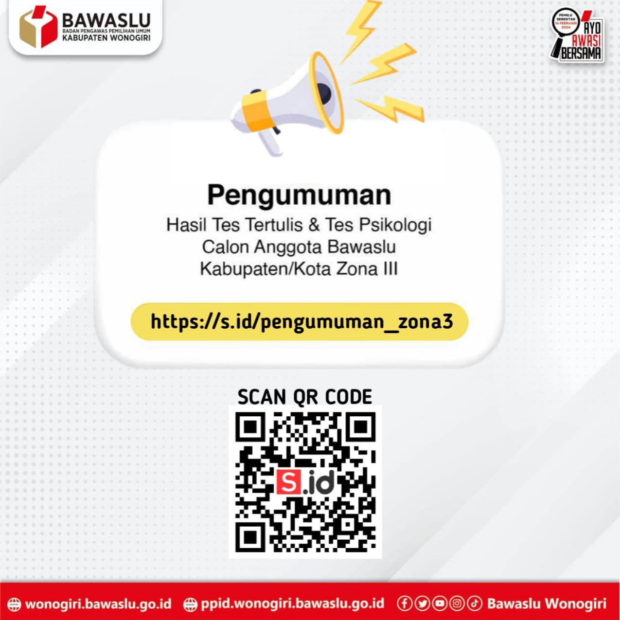 Pemgumuman Hasil Tes Tertulis dan Psikologi Calon Anggota Bawaslu Kabupaten Kota Zona 3 Jateng