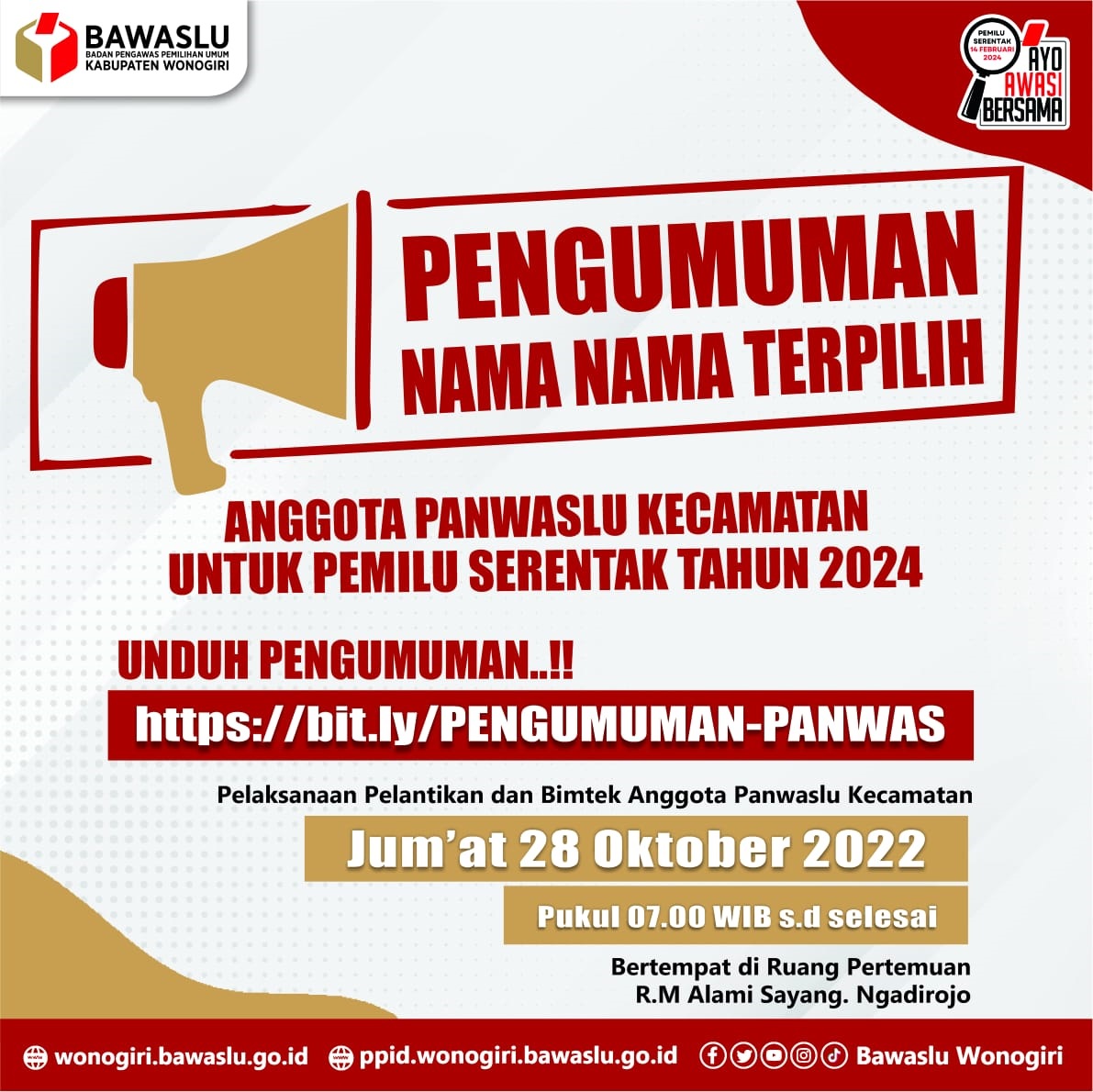 Pengumuman Nama-Nama Terpilih Anggota Panwaslu Kecamatan  Untuk Pemilu Serentak Tahun 2024