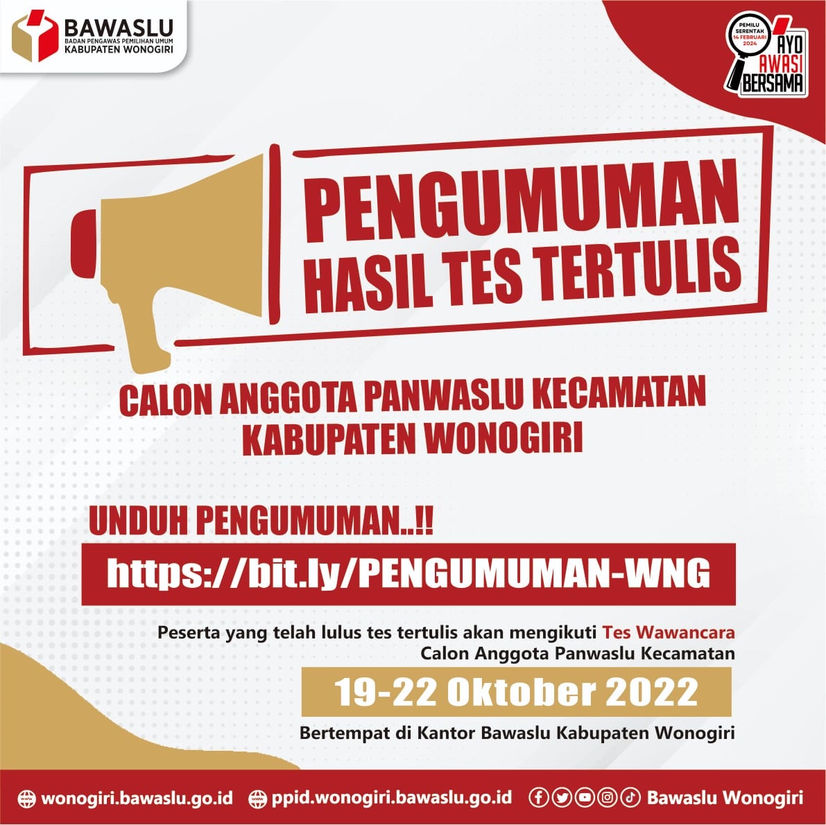 PENGUMUMAN HASIL TES TERTULIS CALON ANGGOTA PANWASCAM TAHUN 2022