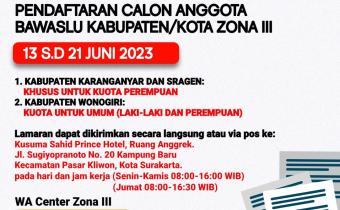 Pengumuman Perpanjangan Pendaftaran Calon Anggota Bawaslu Kabupaten/Kota periode 2023-2028 ZONA 3